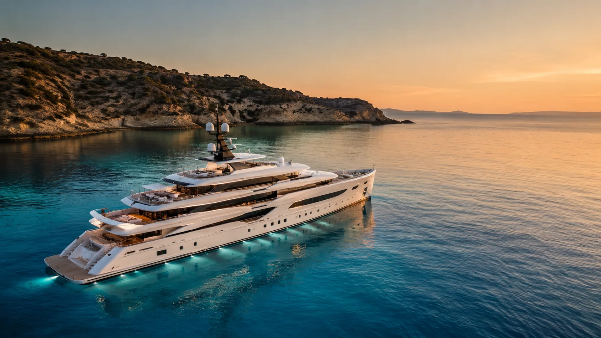 A superyacht at anchor in a calm Mediterranean bay at first light